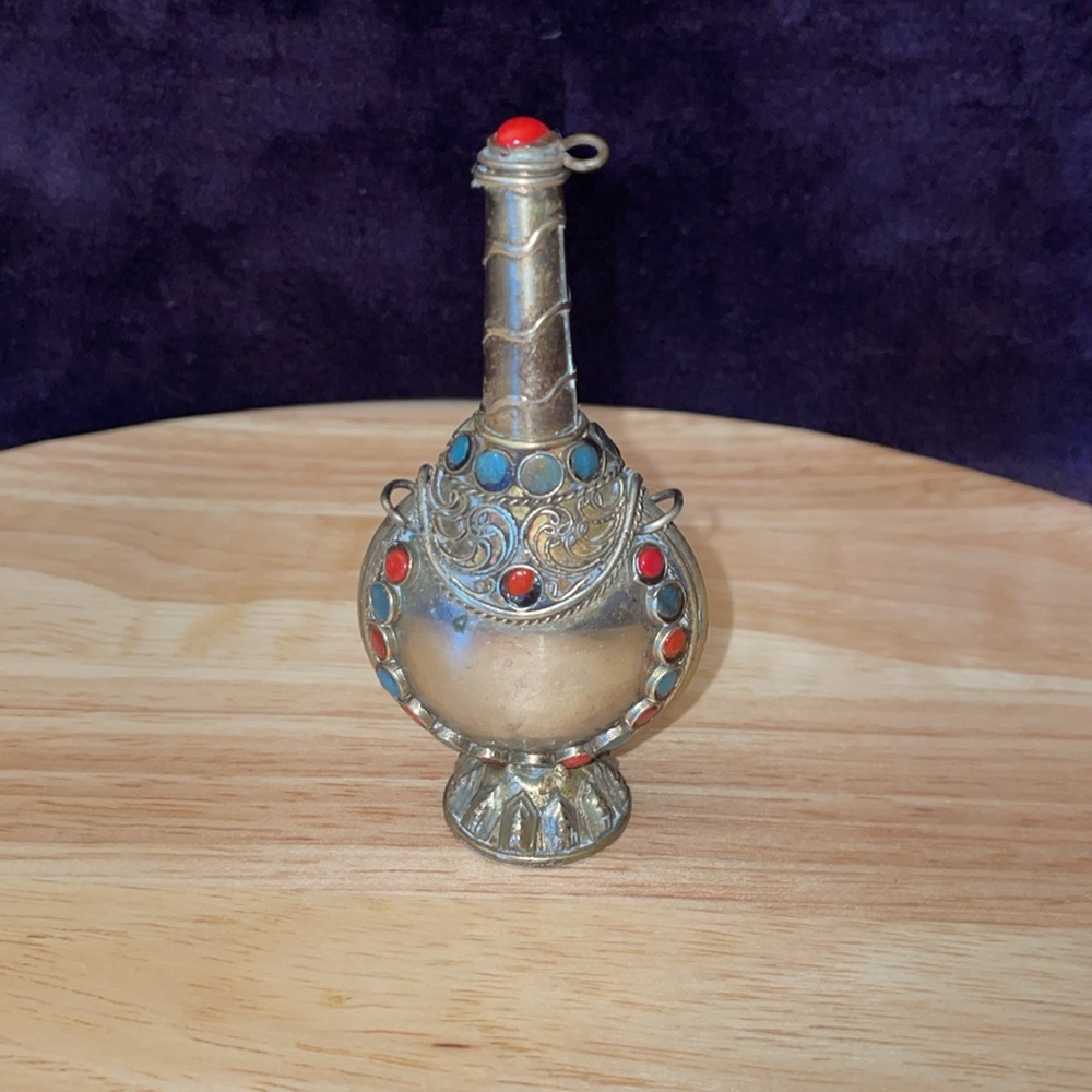 Vintage Silver Tibetan Decorative Bottle with Red & Blue Accents - Picture 3 of 5